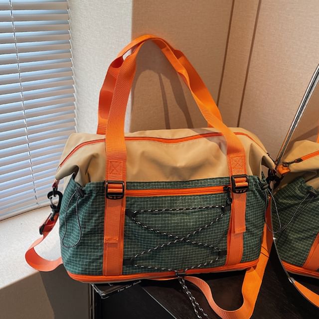 leopar-Plaid Panel Drawstring Carryall Bag