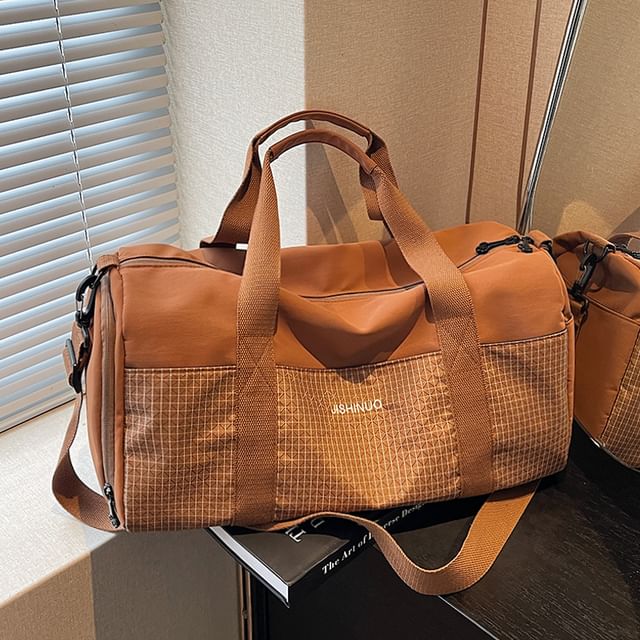 leopar-Plaid Panel Duffel Bag