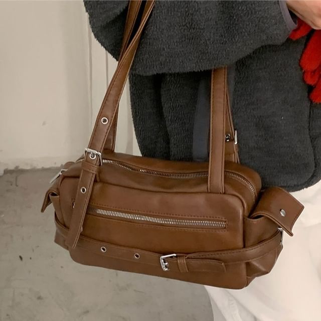 Letheroni-Belted Zip Flap Pocket Shoulder Bag