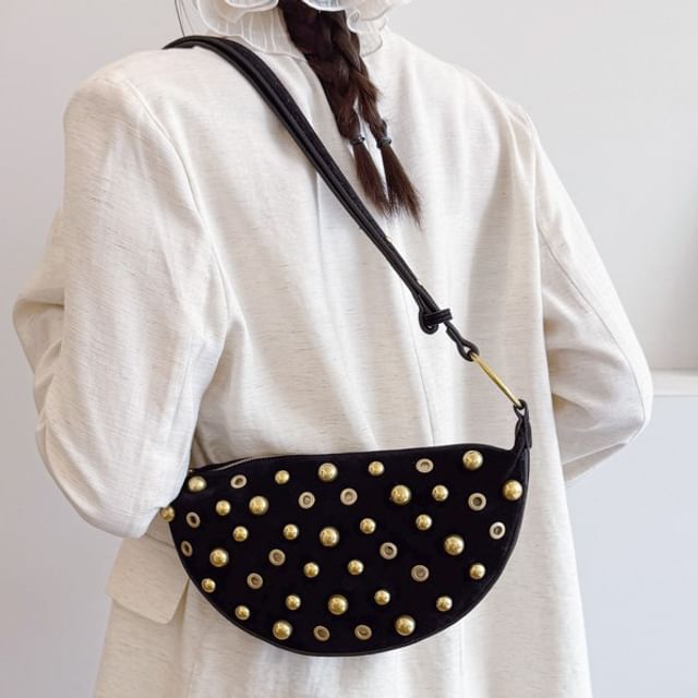 Letheroni-Faux Suede Studded Zip Shoulder Bag