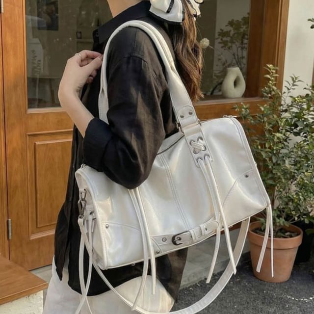 Letheroni-Plain Buckled Faux Leather Tote Bag