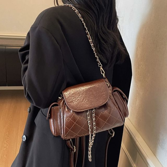 Letheroni-Quilted Flap Pocket Chain Backpack Shoulder Bag