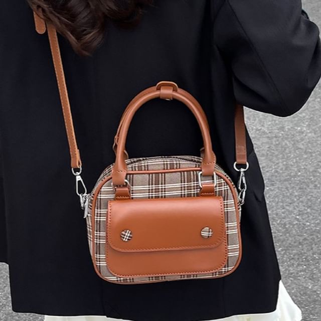 Letheroni-Top Handle Plaid Canvas Crossbody Bag
