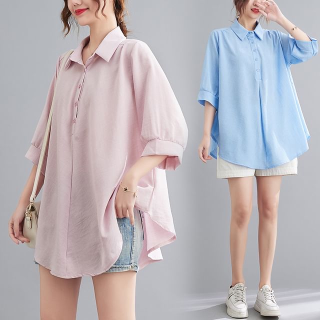 Lewwe-34-Sleeve Collared Half-Buttoned Plain Oversized Blouse