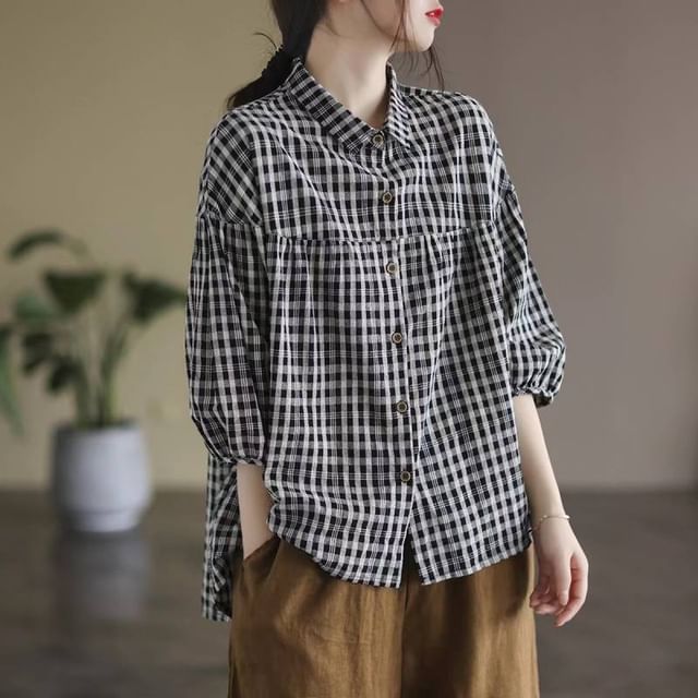 Lewwe-34-Sleeve Collared Plaid Button Up Shirt