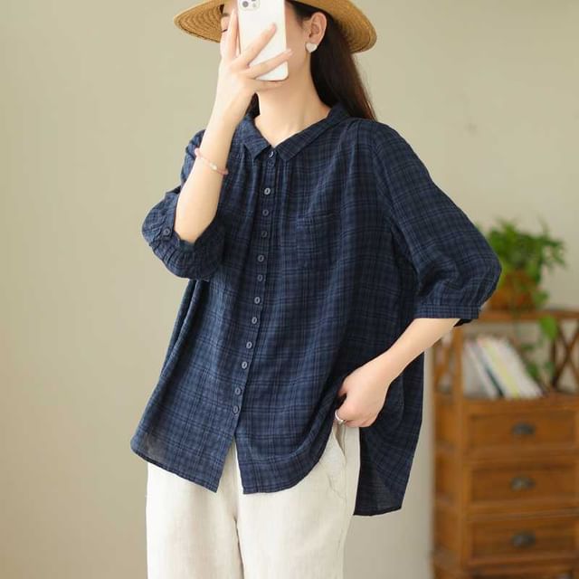 Lewwe-34-Sleeve Collared Plaid Button Up Shirt