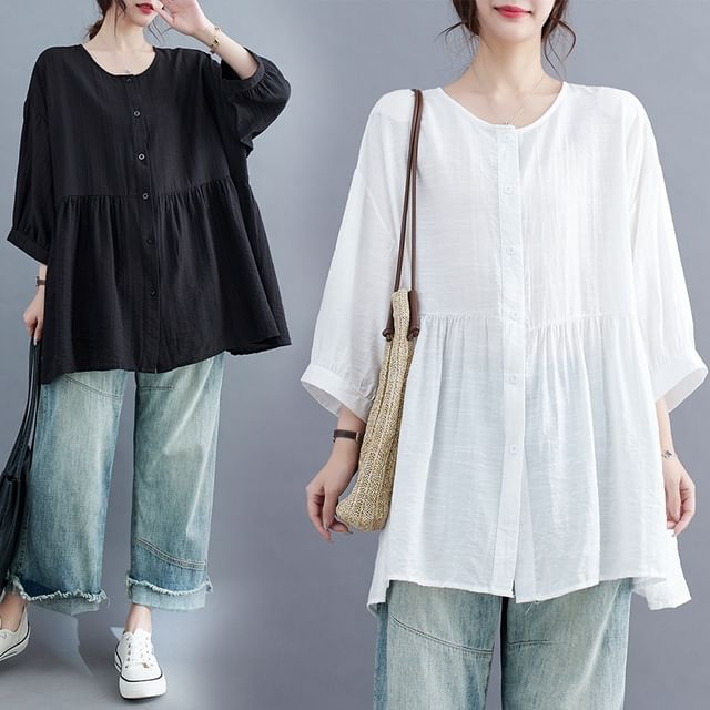 Lewwe-34-Sleeve Crew Neck Button-Up Plain Ruched Tunic