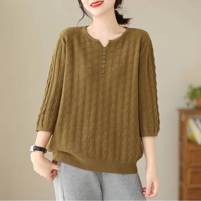 Lewwe-34 Sleeve Notch Neck Plain Knit Top