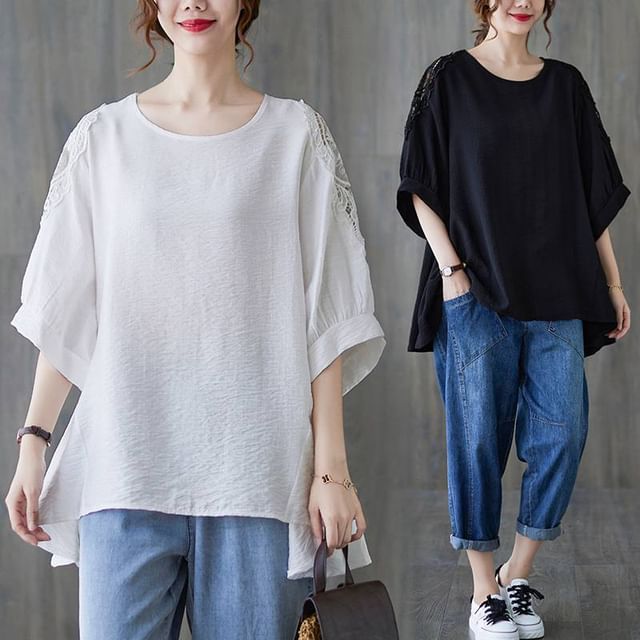 Lewwe-34-Sleeve Round Neck Asymmetrical Lace Panel Tee