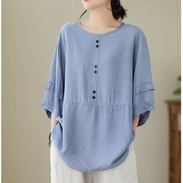 Lewwe-34-Sleeve Round Neck Plain Blouse