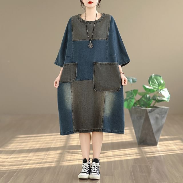 Lewwe-34-Sleeve Round Neck Two Tone Washed Patchwork Denim Smock Dress