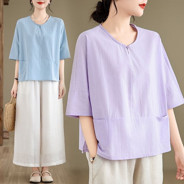 Lewwe-34-Sleeve V-Neck Plain Top