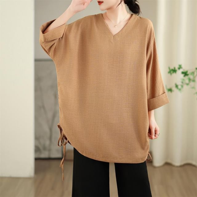 Lewwe-34-Sleeve V-Neck Plain Tunic