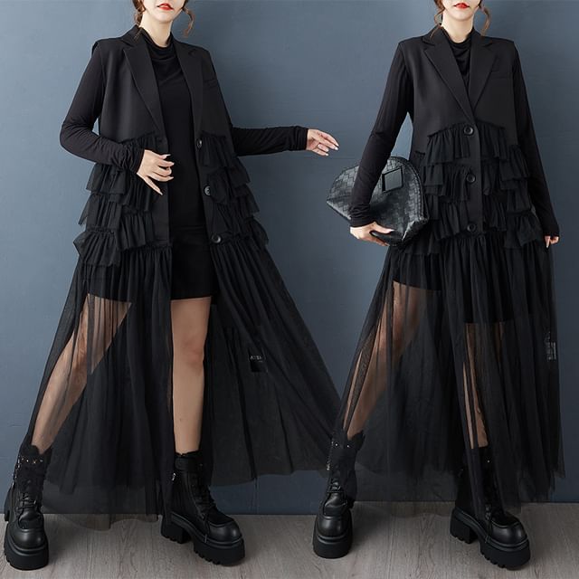 Lewwe-Asymmetrical Mesh Ruffle Panel Button-Up Vest