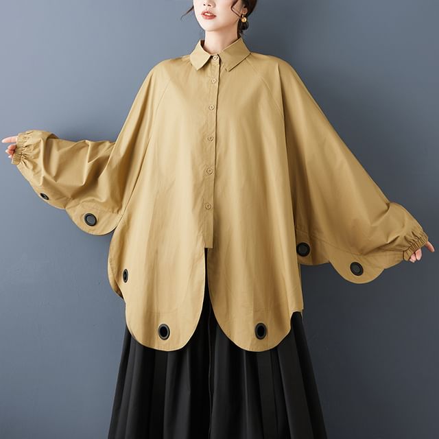 Lewwe-Batwing-Sleeve Collared Grommet Button-Up Plain Oversized Blouse