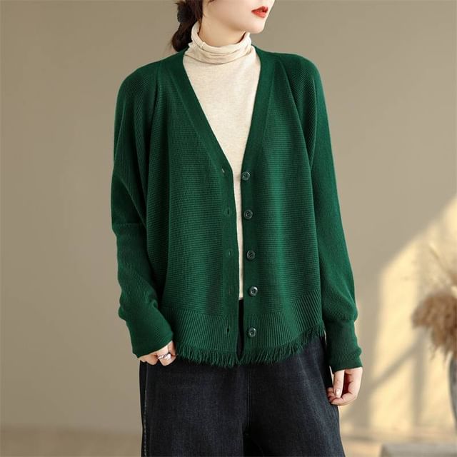 Lewwe-Batwing-Sleeve V-Neck Fringed Button-Up Plain Cardigan