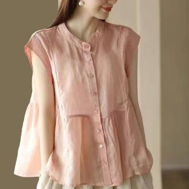 Lewwe-Cap-Sleeve Band Collar Plain Blouse