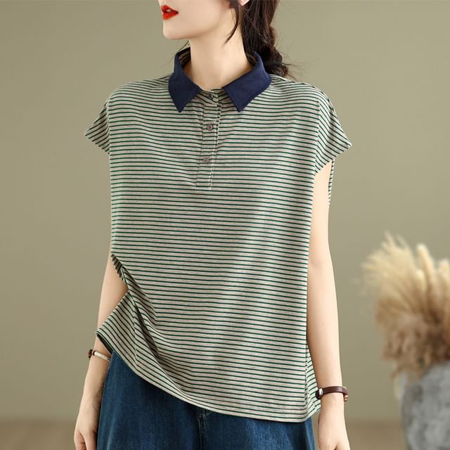 Lewwe-Cap-Sleeve Collared Strip Polo Shirt