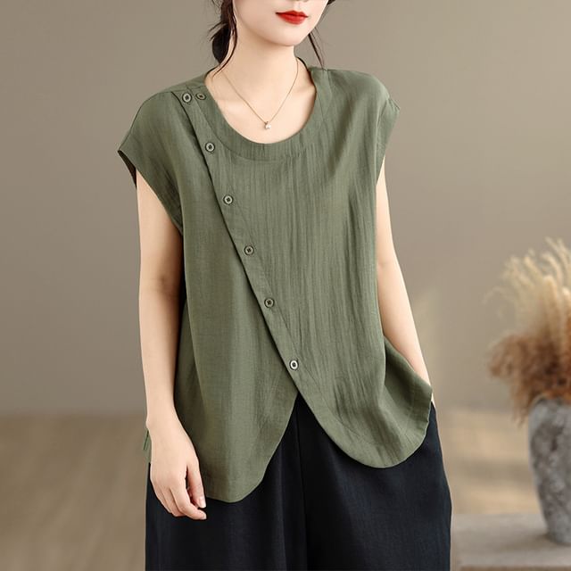 Lewwe-Cap-Sleeve Round Neck Plain Button Slit Top