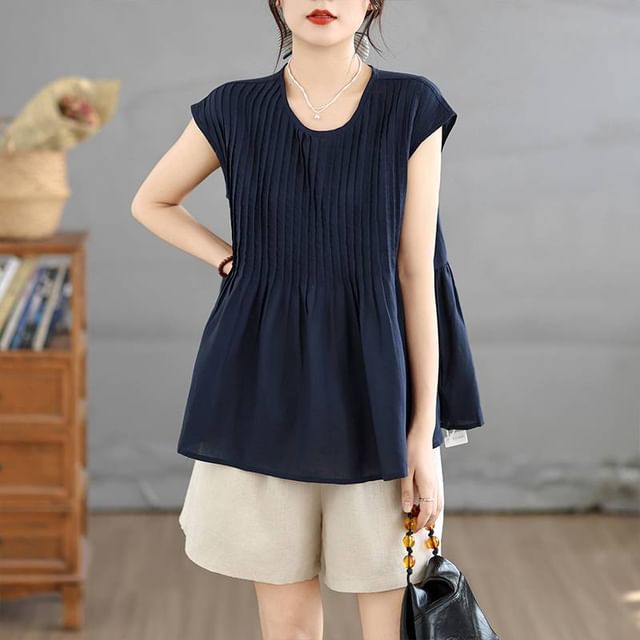 Lewwe-Cap-Sleeve Striped Blouse