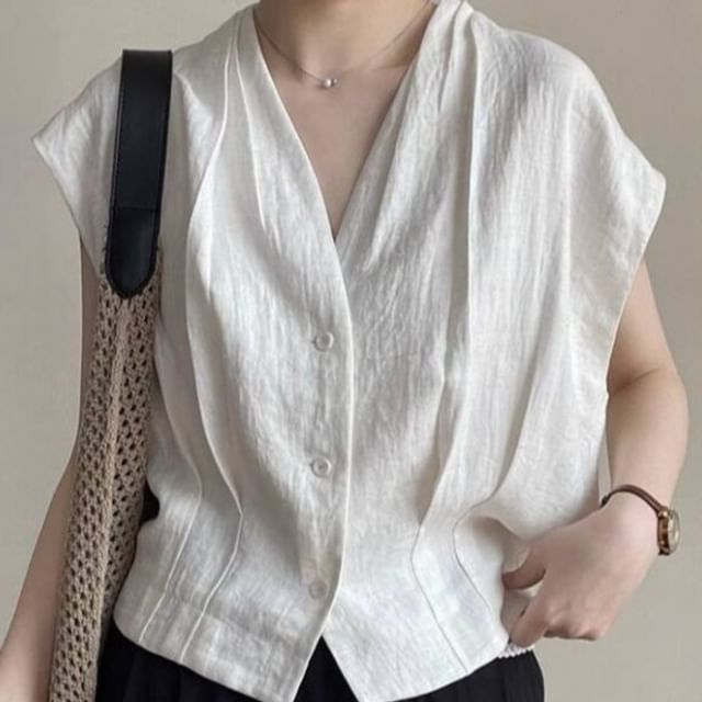 Lewwe-Cap-Sleeve V-Neck Plain Blouse