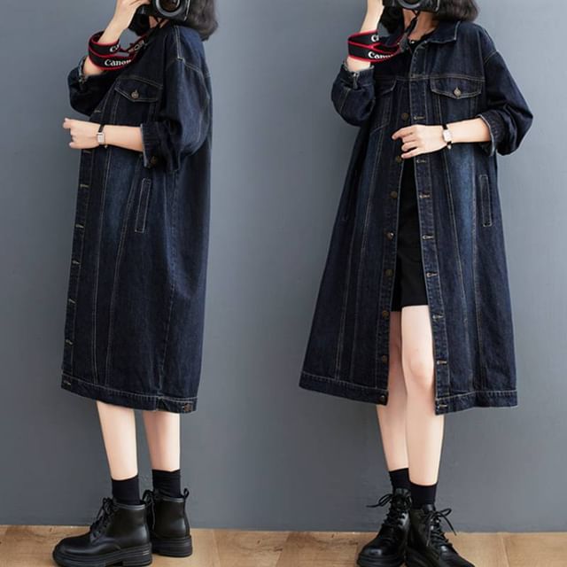 Lewwe-Collared Washed Panel Midi Button Denim Coat