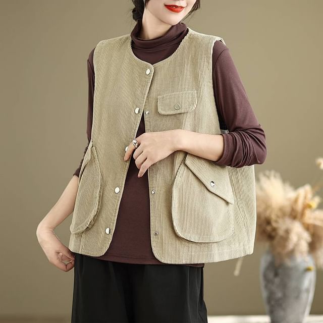 Lewwe-Crew Neck Button-Up Plain Corduroy Vest