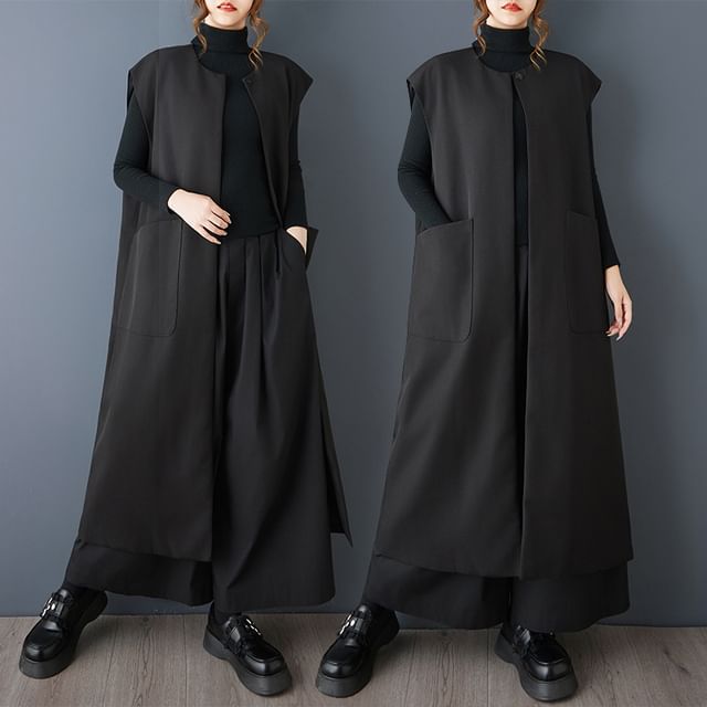 Lewwe-Crew Neck Plain One-Buttoned Slit Long Vest