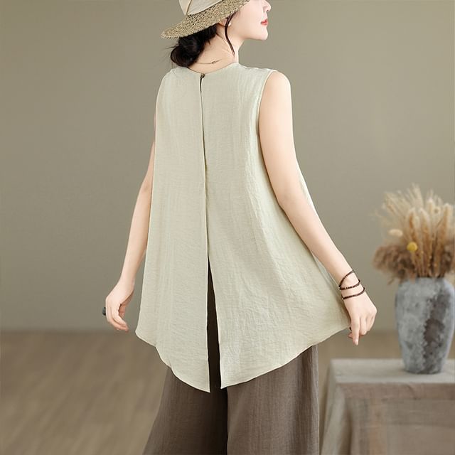 Lewwe-Crew Neck Plain Slit Back High Low Flowy Tank Top