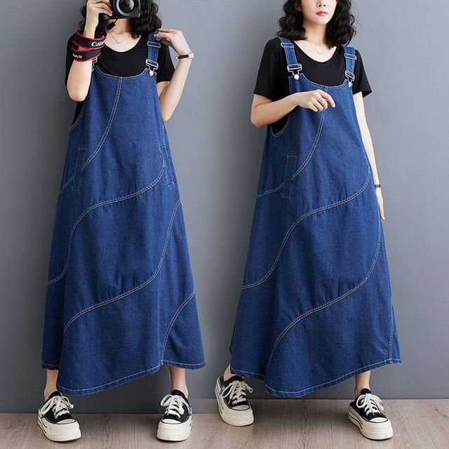 Lewwe-Denim Maxi A-Line Pinafore Dress