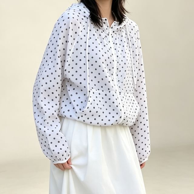 Lewwe-Drawstring Hooded Dotted Zip Sheer Light Jacket