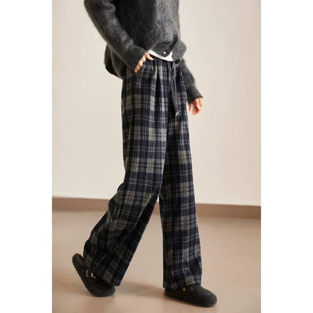 Lewwe-Drawstring Waist Plaid Wide Leg Pants