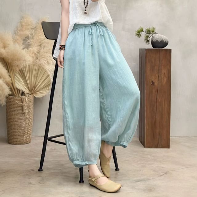 Lewwe-Drawstring Waist Plain Cropped Baggy Pants