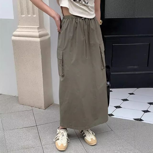 Lewwe-Drawstring Waist Plain Midi Straight Cargo Skirt