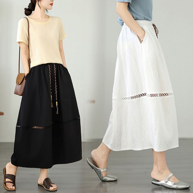 Lewwe-Drawstring Waist Plain Perforated Midi A-Line Skirt