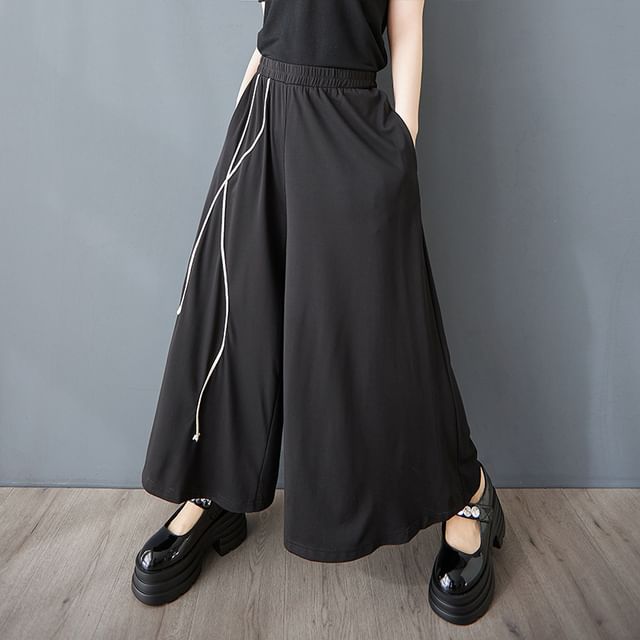 Lewwe-Drawstring Waist Plain Wide Leg Pants