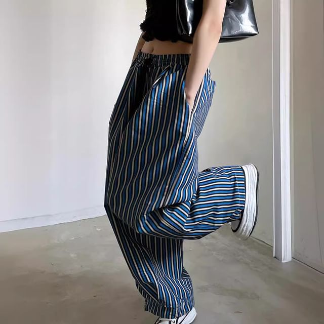 Lewwe-Drawstring Waist Striped Baggy Pants