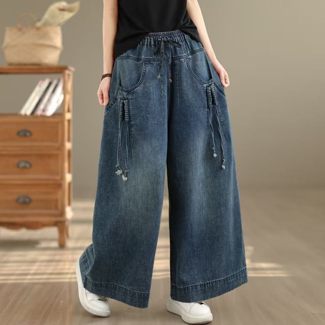 Lewwe-Drawstring Waist Washed Baggy Jeans