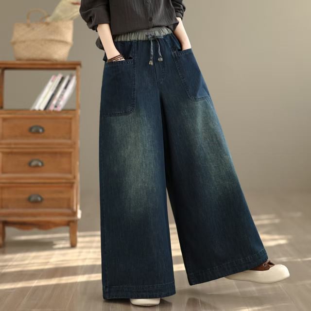 Lewwe-Drawstring Waist Washed Panel Wide Leg Jeans