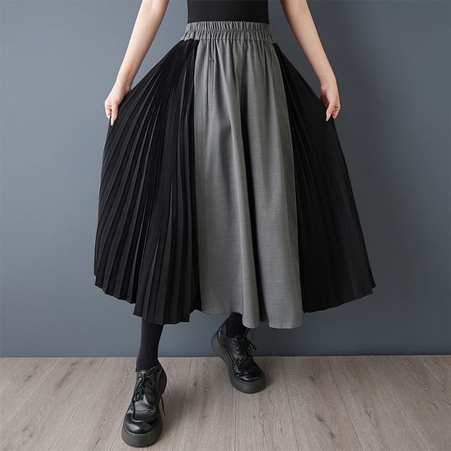 Lewwe-Elastic Waist Colored Panel Maxi A-Line Skirt