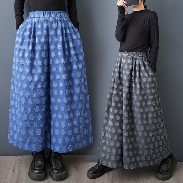 Lewwe-Elastic Waist Dotted Jacquard Cropped Culottes