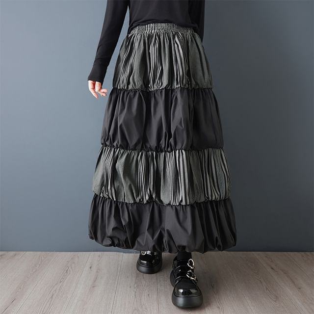 Lewwe-Elastic Waist Panel Maxi Tiered Skirt