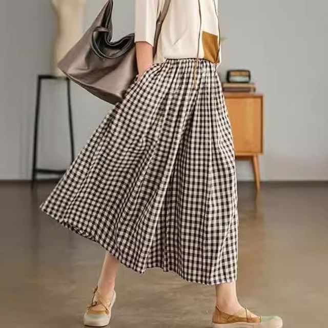 Lewwe-Elastic Waist Plaid Cropped Culottes