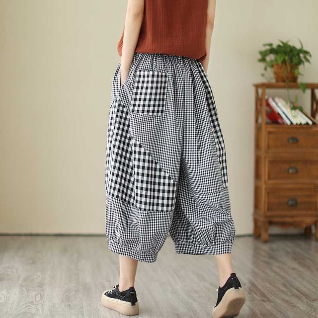 Lewwe-Elastic Waist Plaid Patchwork Cropped Harem Pants