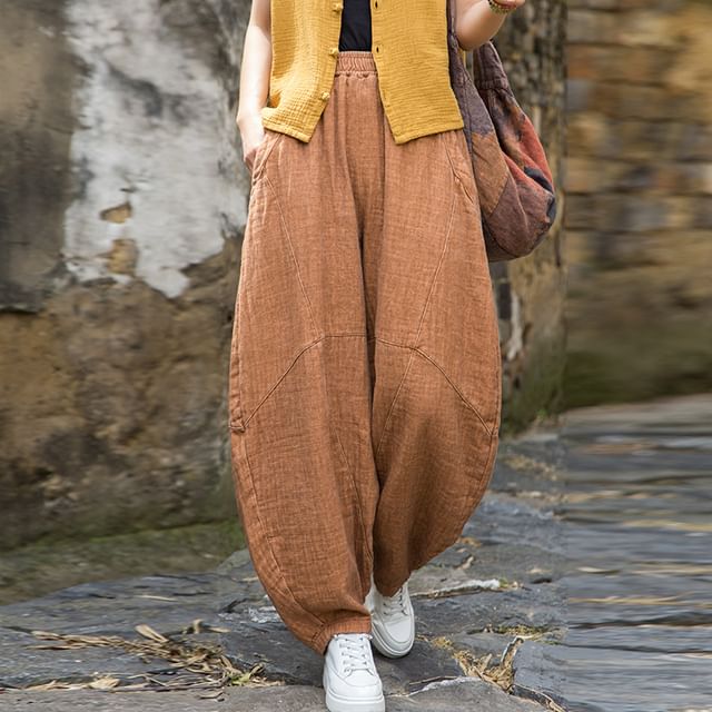 Lewwe-Elastic Waist Plain Baggy Pants