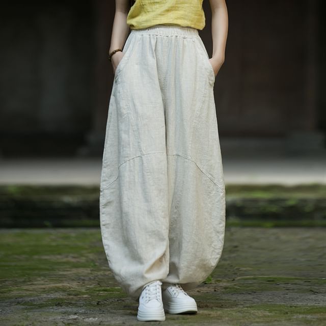 Lewwe-Elastic Waist Plain Baggy Pants