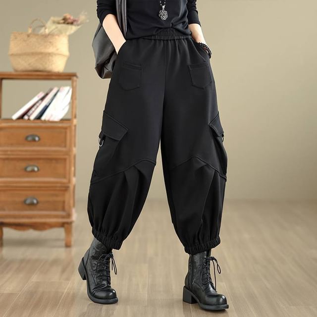Lewwe-Elastic Waist Plain Cropped Baggy Cargo Pants