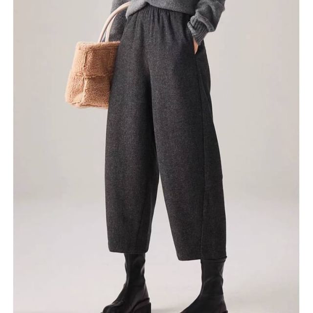 Lewwe-Elastic Waist Plain Cropped Baggy Pants