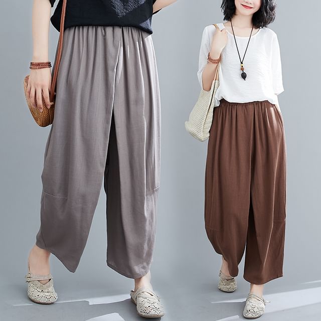 Lewwe-Elastic Waist Plain Cropped Harem Pants