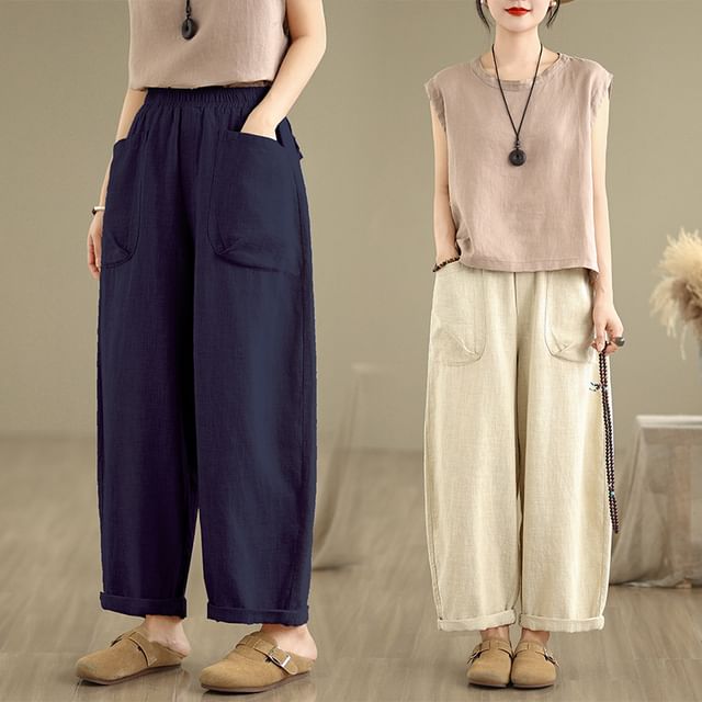 Lewwe-Elastic Waist Plain Harem Pants
